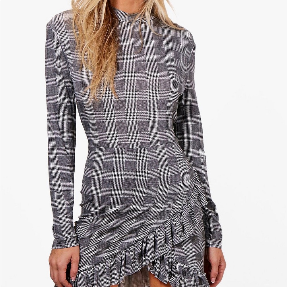Boohoo Ruffled High Neck Plaid Long Sleeve Dress